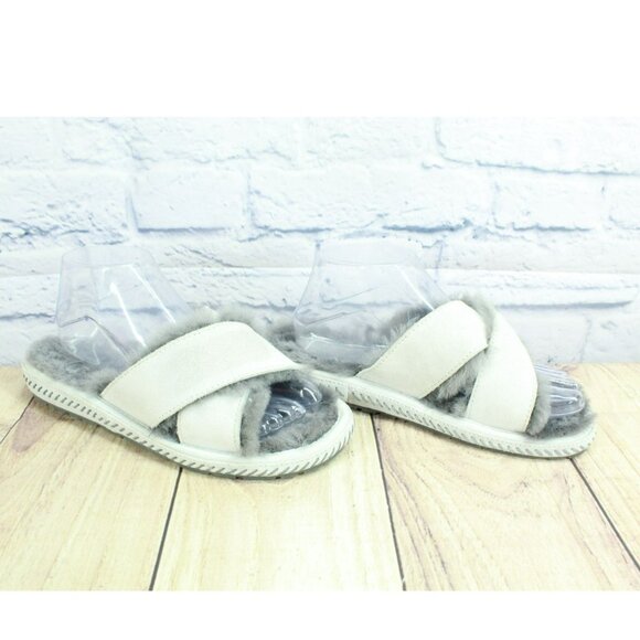 LL Bean White Suede Slip-On Shearling Lined Crisscross Flat Slippers Size 8 M - Picture 3 of 9